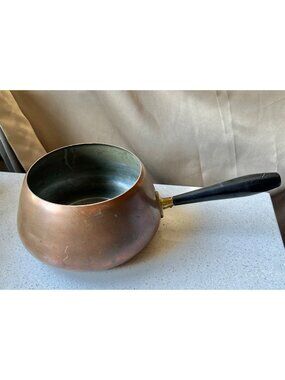 Copper Saucepan With Removable Black Handle & Brass Detail VTG French Country